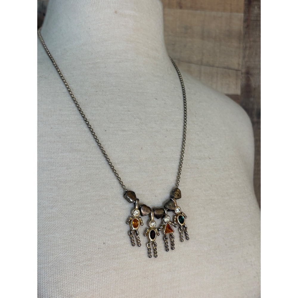Vintage Silver Tone Ball Chain Necklace with Four Multi-Stone People Charms 22"